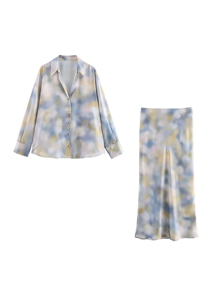 Women Summer 2-Pieces Sets 2025 Vintage Tie-dye Shirts Tops and Skirts Female Elegant Street Two Suits Clothing