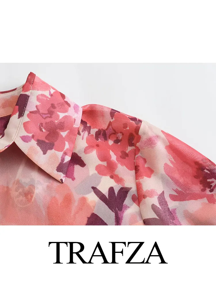 TRAFZA 2024 Women Button up Shirt A-Line Women Streetwear Women Shirt Women Short Sleeve Shirts Blouses Women Print Shirts