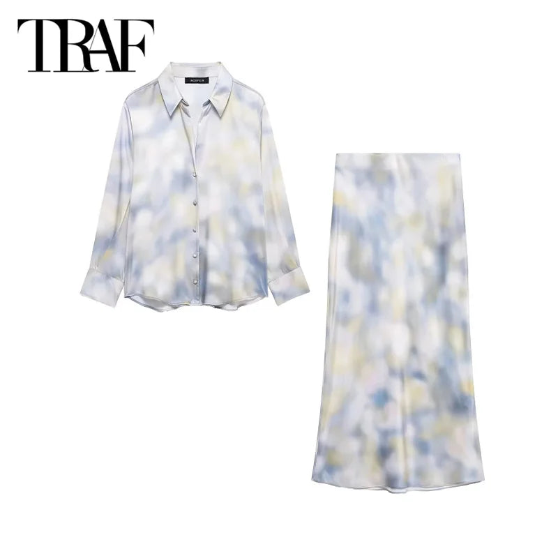 TRAF Tie Dye Skirt Set 2025 Women's 2 Pieces Long Sleeve Shirts Mid Waist Midi Skirt Fashion Casual Elegant Skirt Set Outfit